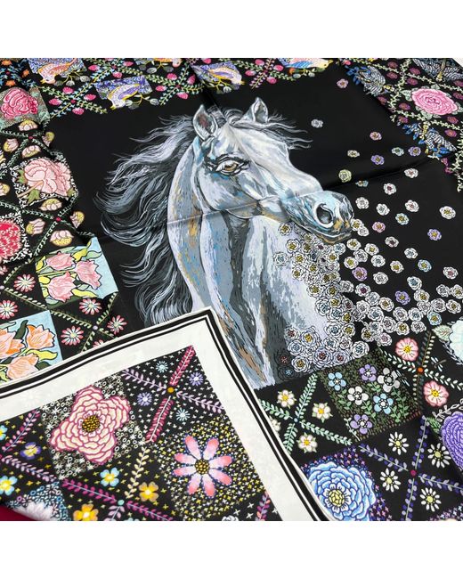Wenzi Blue The Starlit Rider Hand Painted Pattern Double Sided Silk Twill Scarf