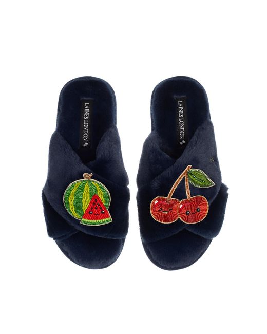 Laines London Blue Classic Slippers With Laines Lovables Watermelon & Cherry Brooches