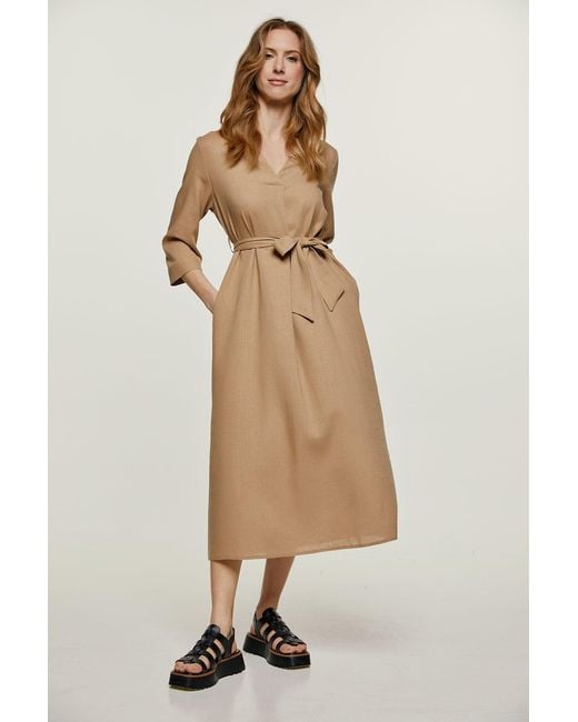 Conquista Natural Neutrals Linen Style Midi Dress With Belt