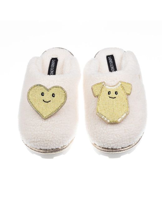 Laines London Metallic Neutrals Teddy Closed Toe Slippers With Laines Lovables Love & Baby Grow Brooches