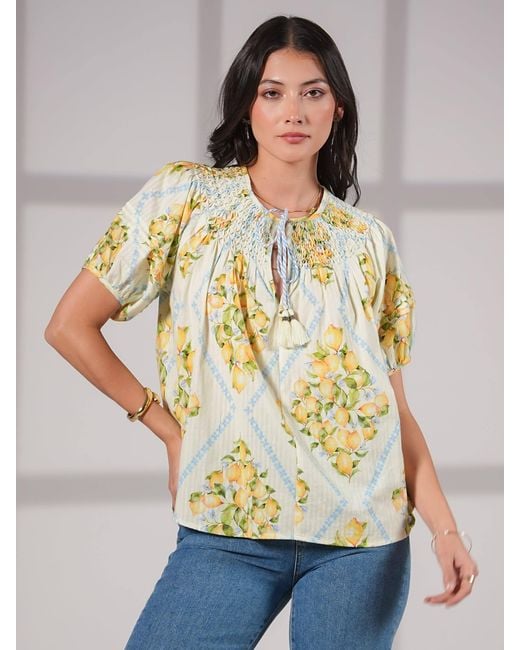 Rose & Nancy Yellow Kirsten Lemon Print Smock Detail Cotton Blouse