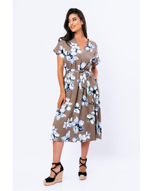 Conquista Blue Linen Style Floral Print Midi Dress With Belt