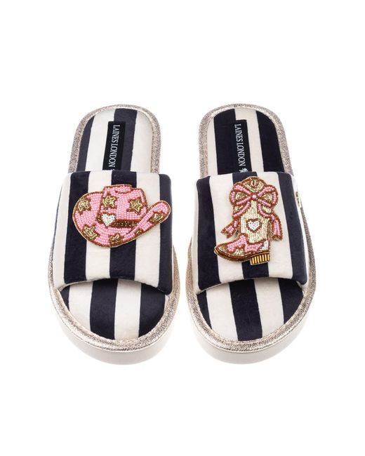 Laines London Multicolor Flatform Stripe Open Toe Slippers With Cowgirl Hat & Cowgirl Boots Brooches