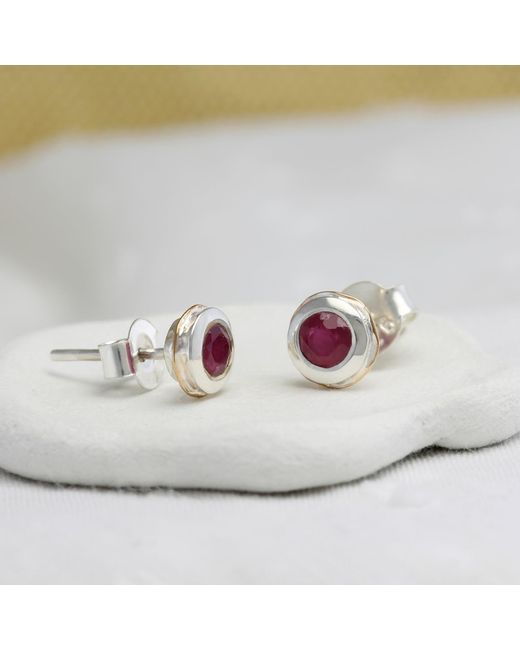 Isla Silver Metallic Handmade Sterling Ruby Stud Earrings