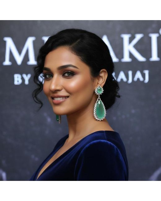 Meraki by Rashmi Bajaj Green Larmes Cubic Zirconia Dangle Earrings
