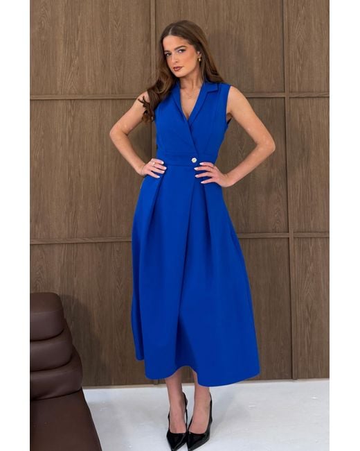 Girl In Mind Blue Hazel Tailored Sleeveless Midi Dress Cobalt
