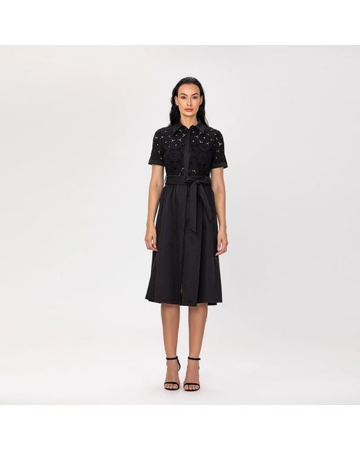 Smart and Joy Gray Lace And Cotton Shirt Dress With Belt