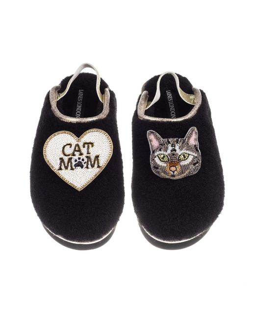 Laines London Black Flatform Cloud Slippers With Pebbles Cat & Cat Mum Mom Brooches