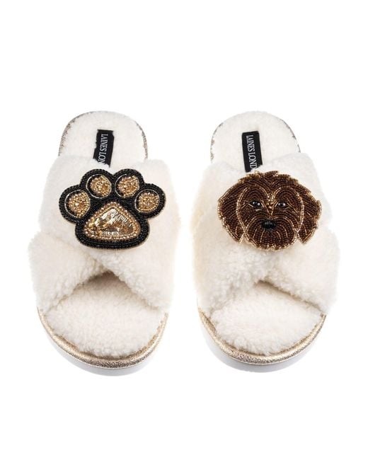 Laines London White Neutrals Boucle Slippers With Paw & Chocolate Cockapoo Brooches
