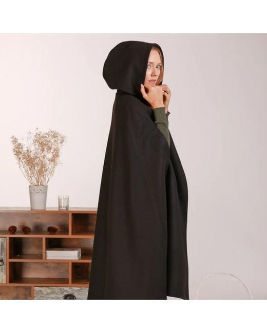 Nikka Place Black Wool Hooded Cloak Coat For Winter