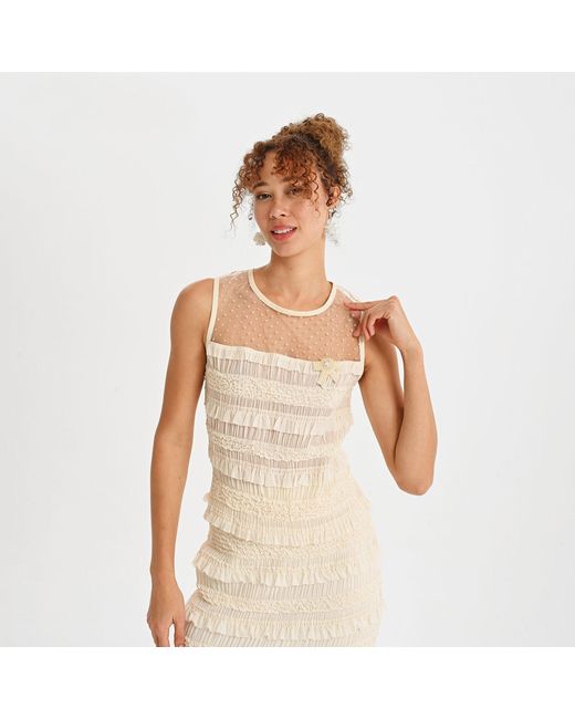 Lalipop Design Natural Neutrals Sheer Panel Embellished Top