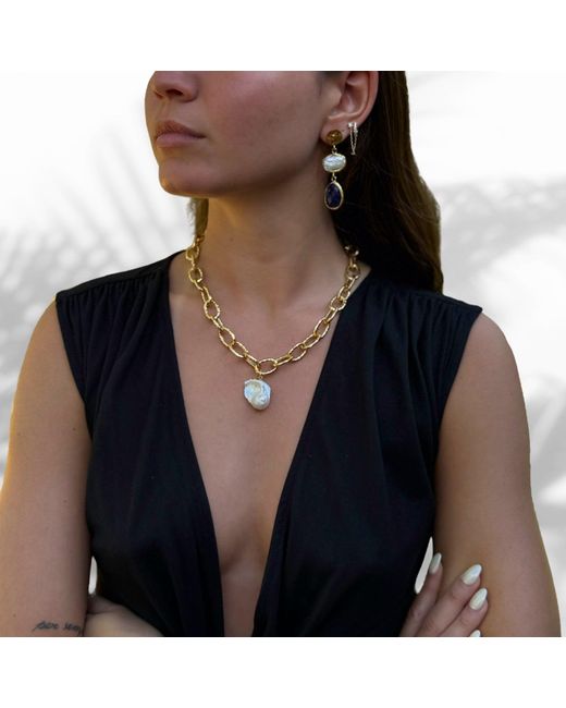 Ebru Jewelry Metallic Majestic Pearl Stone Pendant Link Chain Necklace