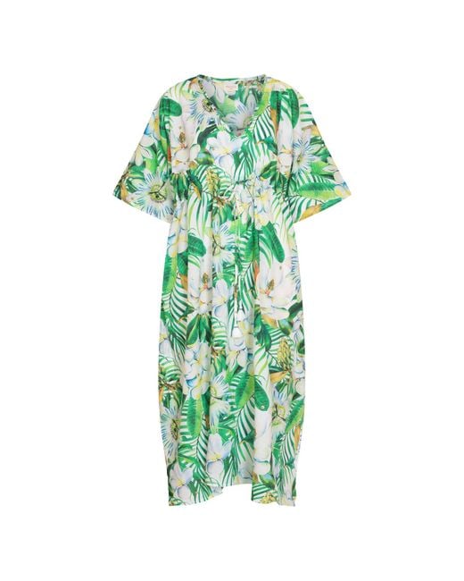 NoLoGo-chic Green Passion Flower Mustique Kaftan Cotton Cambric Multi