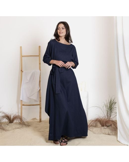 Nikka Place Blue Maxi Linen Kaftan Dress With Tie And Bracelet Sleeves