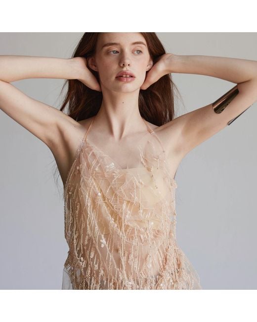 Belsize25 Natural Mayfair Series – Sheer Beaded Tassel Mesh Top
