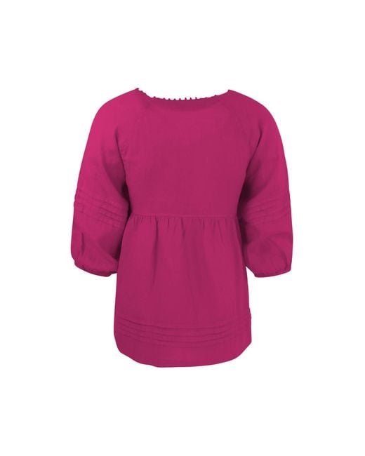 Haris Cotton Pink Flowy Three-Quarter Sleeve Blouse With Gathered Detailing Pomegranate