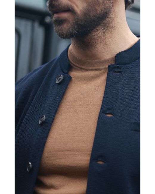 Paul James Knitwear Blue Extra Fine Merino Wool Alonzo Knitted Nehru Jacket for men