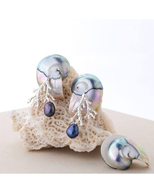 Oana Savu Metallic Nautilus Shell Sterling Coral Branch Ear Studs Earrings