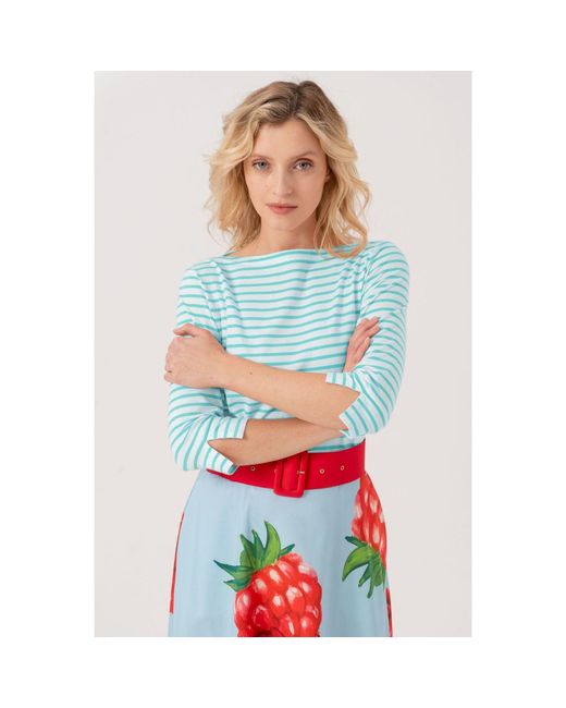 Marianna Déri Blue Top With Boat Neckline Mint Cream Striped