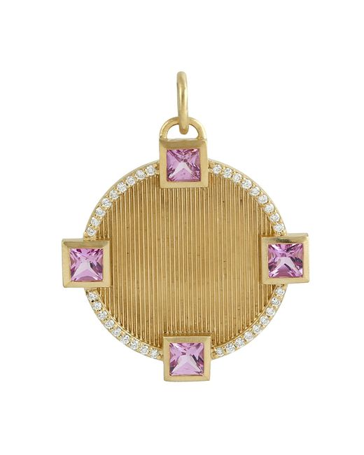 Artisan Metallic Bezel Set Square Pink Sapphire Gemstone & Pave Diamond In 14k Yellow Gold Club Charm