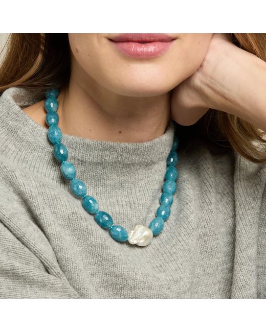 Pearls of the Orient Online Blue Clara Chunky Faceted Aquamarine Necklace With Central Cultured Freshwater Pearl