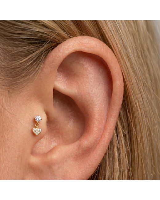 Zahav Jewelry Metallic 14K Solid 18G 8Mm Dangle Heart With Round Cz Internally Threaded Flat Back Stud