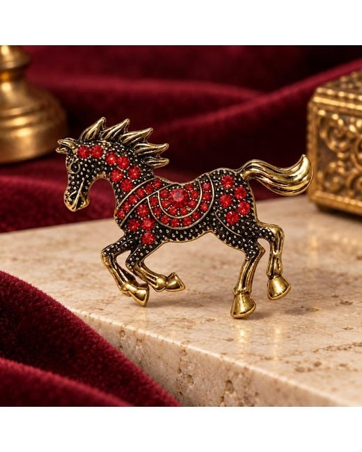 By Ozge Red Crimson Spirit Crystal Equestrian Statement Brooch