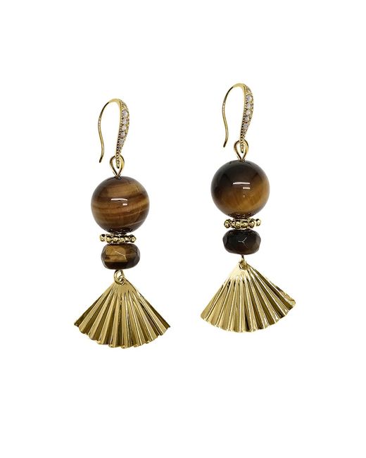 Farra Metallic Elegance Tiger-Eye Stone With Fan Dangle Earrings