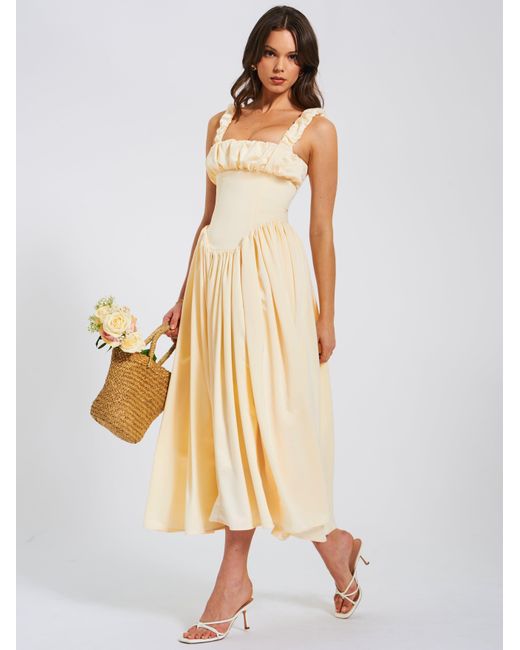 Miss Circle New York Natural Neutrals Noreen Egg Satin Drop Waist Maxi Sundress