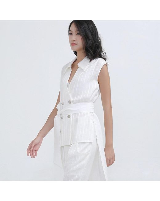 Smart and Joy White Double Breasted Mixed Fabric Blazer