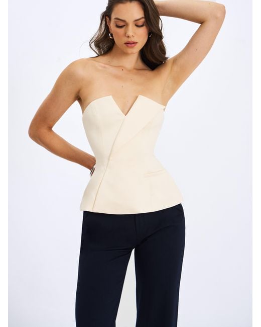 Miss Circle New York White Yani Ivory Asymmetrical Lapel Sleeveless Peplum Top