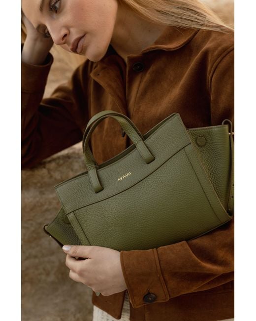 Saonara Brand Green Mini Shopping Bag Khaki Leather
