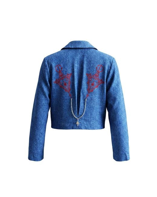 L2R THE LABEL Blue Denim Cropped Double Breasted Blazer