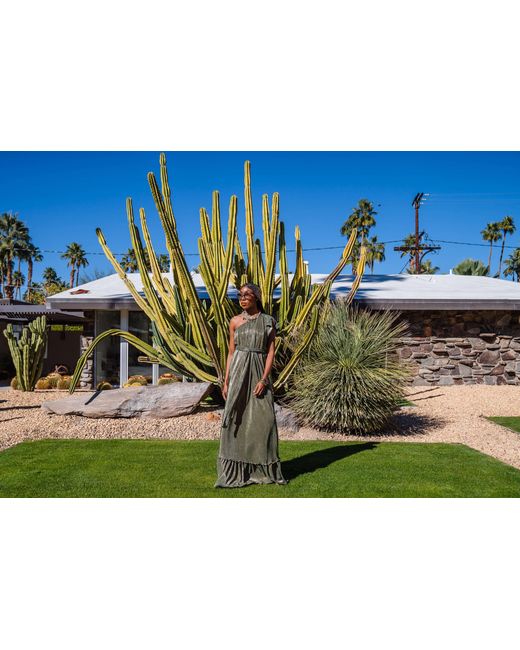 Jennafer Grace Green Electrum Slink Pleated One-Shoulder Maxi Dress