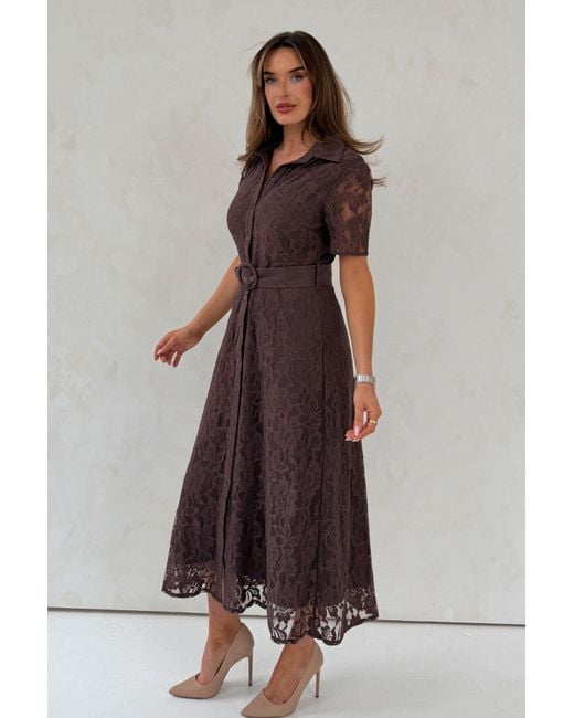 Girl In Mind Brown Tansy Short Sleeve Lace Shirt Dress