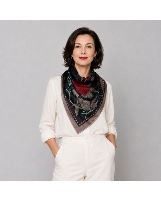 Wenzi Black Midnight Roses Rouge Double Sided Silk Twill Scarf