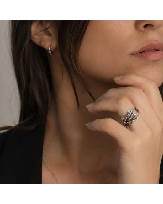 Unaloe Metallic Adjustable Sterling Leaf Ring For – Open Band, Nature Inspired Statement Ring, Handmade Fine Jewelry Gift