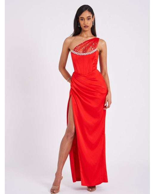 Miss Circle New York Red Lora Scarlet Crystal Embellished Mesh Satin Corset Gown