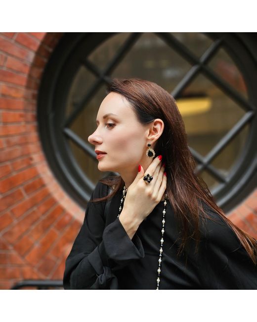 Farra Black Agate With Zircon Statement Adjustable Ring