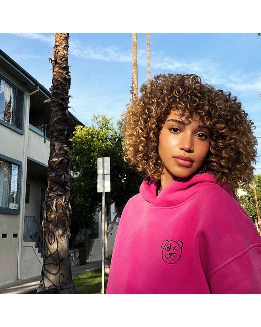 X Ilona Blue Pink Graffiti Teddy Bear Sun Fade Wash Cotton Fleece Fuchsia Hoodie