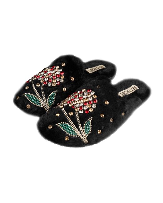 Rettrose Black Georgie Luxury Plush Diamanté Embellished Handmade Slipper