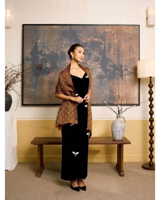 Silk and Bears Brown Amber & Reversible Jacquard Silk Evening Shawl — Soirée Collection