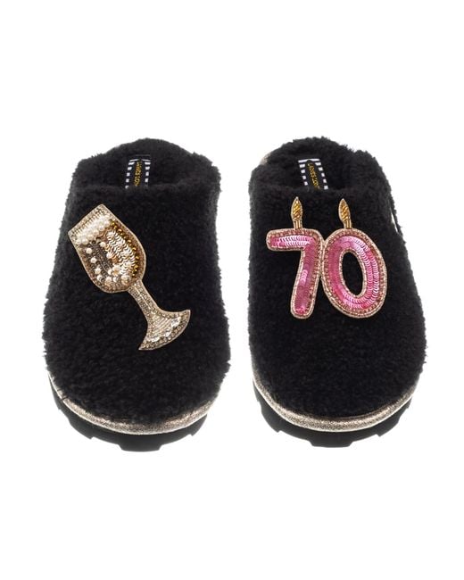 Laines London Black Teddy Closed Toe Slippers With 70Th Birthday & Champagne Glass Brooches