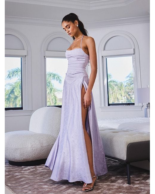 Miss Circle New York Purple Raegan Taro Jacquard Rouched Maxi Dress