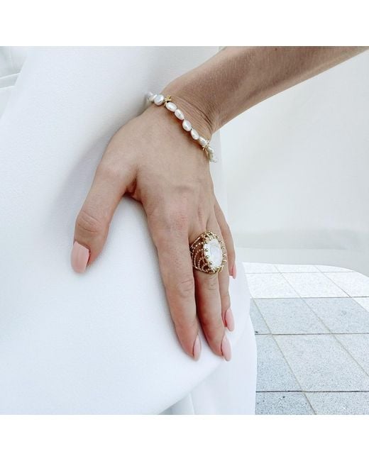 Farra Metallic Flat Freshwater Pearls Setting Chunky Ring