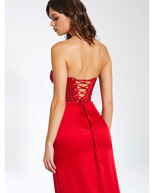Miss Circle New York Red Kadesha Crystal High Slit Satin Corset Gown
