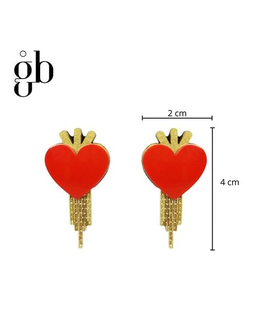 Gissa Bicalho Red Handmade Acrylic Short Earrings Heart & Fringe