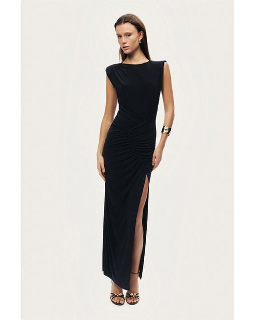 Nocturne Black Ruched Side-Slit Maxi Dress