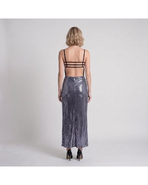 Modenaire Purple Sequin Maxi Dress With Lace Bustier Top And Strappy Open Back Detail