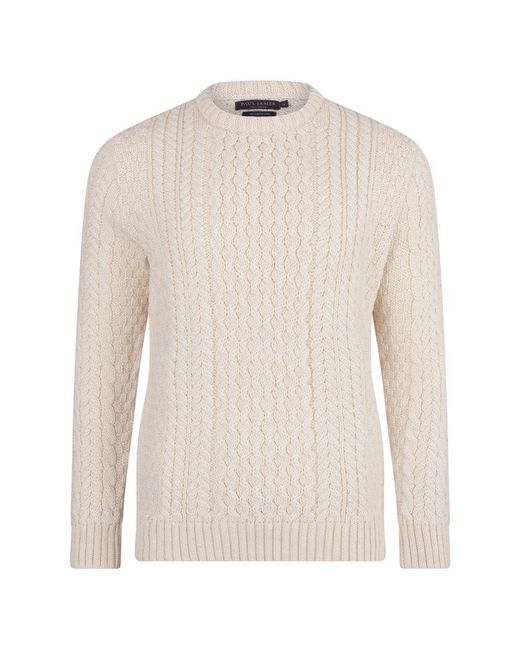 Paul James Knitwear White Fisherman's Johnson British Wool Cable Jumper for men